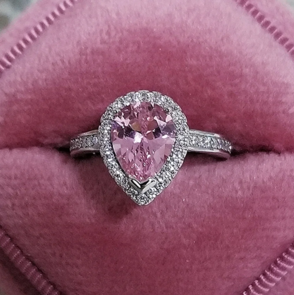 Swarovski Elements 925 Sterling Silver Pink CZ Teardrop Solitaire Ring NEW